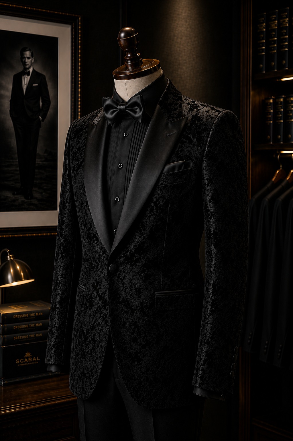 Black patterned tuxedo with satin lapels and a black formal shirt