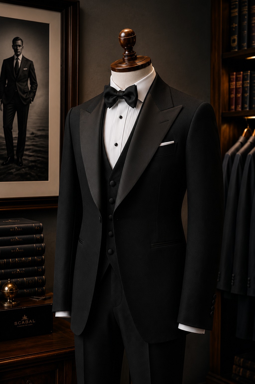 Black three-piece tuxedo with satin lapels, a waistcoat and bow tie