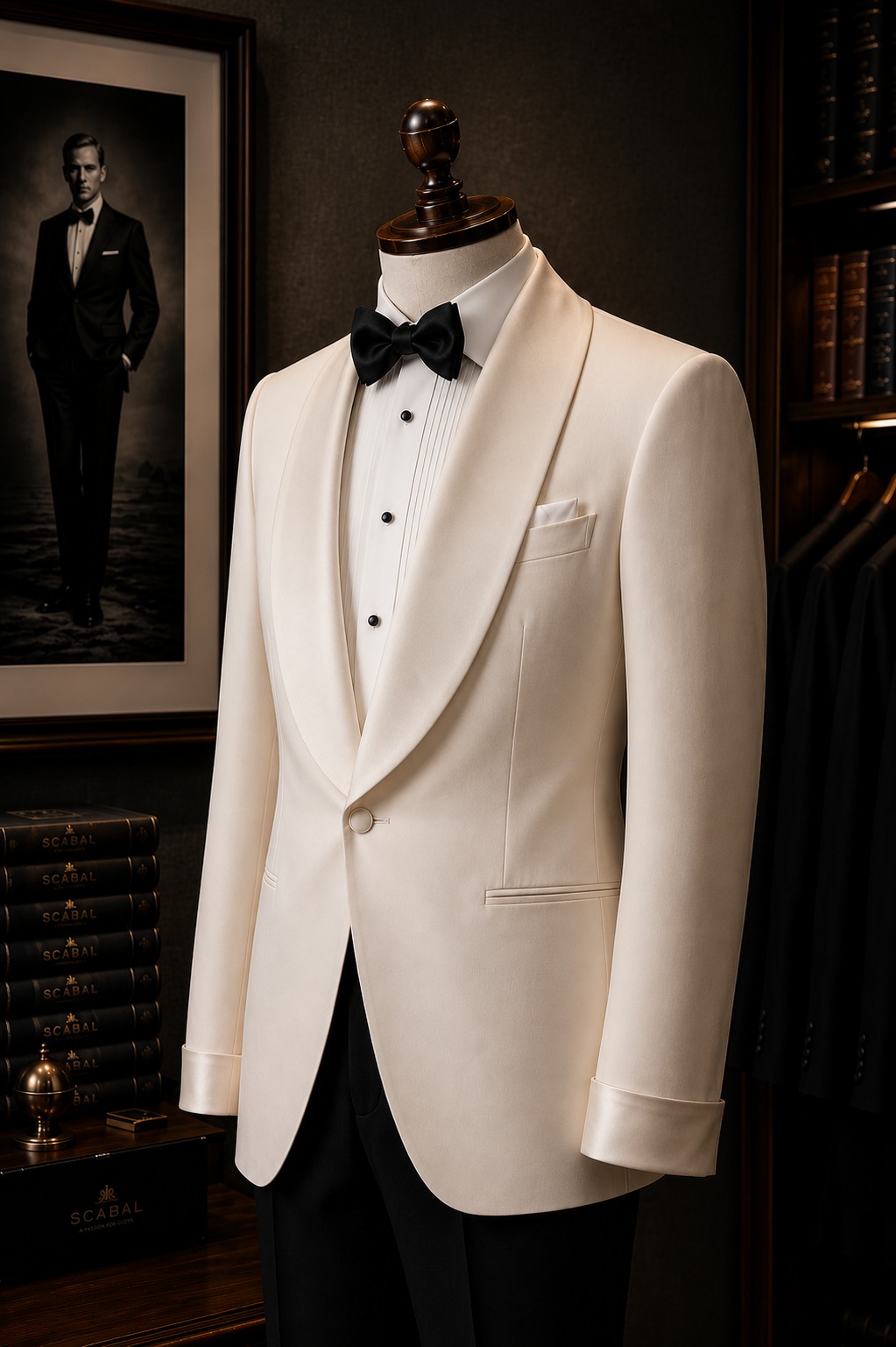 Ivory dinner jacket with a shawl collar, white formal shirt and black bow tie