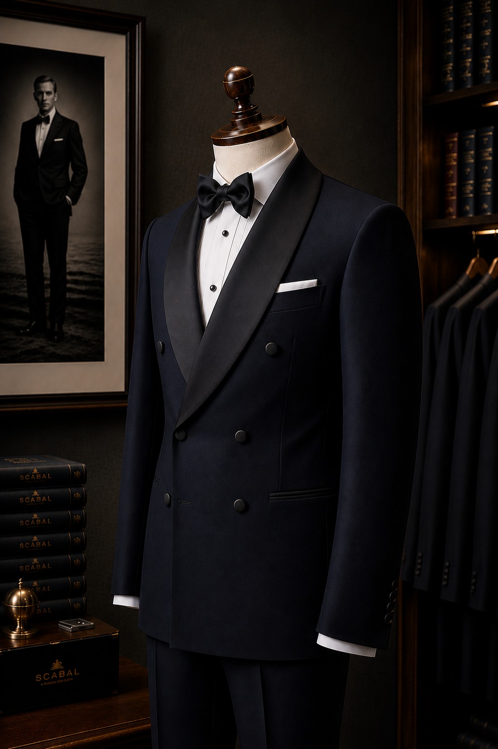 Navy double-breasted tuxedo with satin lapels and a white pocket square