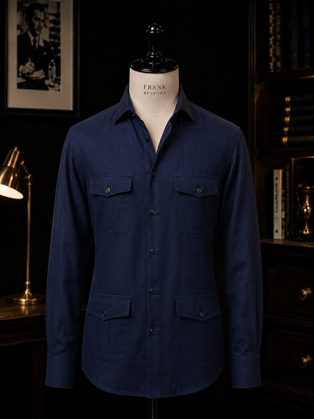 Navy button-front shirt with chest and lower patch pockets
